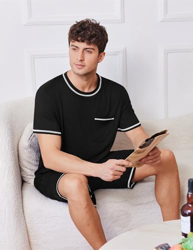 Image of Ekouaer Men's Pajamas Set Casual Short Sleeve Shirts and Shorts Soft 2 Piece Loungewear With Pockets