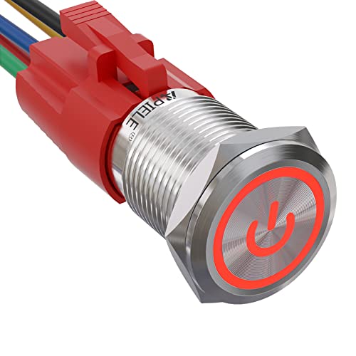 APIELE 16MM Verriegelung Druckschalter 12VDC 5A, Edelstahl mit LED Power Symbol wasserdicht Latch Drucktastenschalter mit vorverdrahtetem Stecker, Auto RV LKW Boot EIN/AUS Taste Schalter (Rot) Cover
