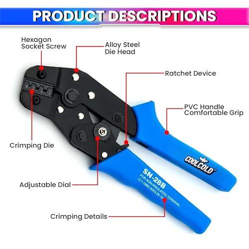 Image of COOLCOLD SN-28B Crimping Tool for Non-Insulated Terminals (AWG 28-18 | 0.1-1mm) - Heavy Duty Ratchet Crimper with Ergonomic Grip for Electrical & DIY Use