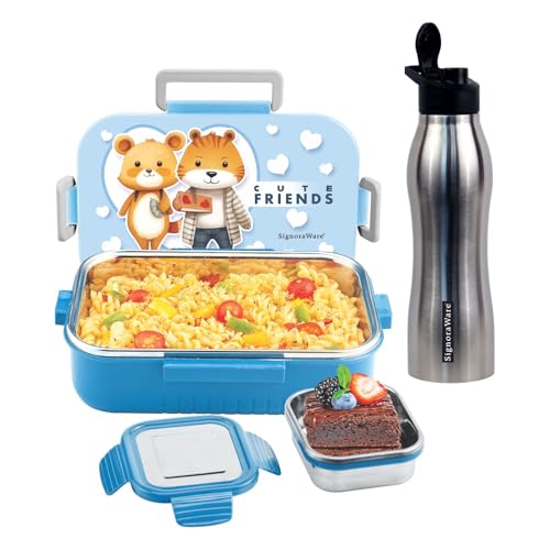 Image of SIGNORA WARE Delight C Chipmunk Stainless Steel Printed Lunch Box Set for Kids | Airtight Clip Lock Lid | Compact & Sleek Size | Great for Picnics & Outdoors (850ml + 160ml + 750ml Bottle | Sky Blue)