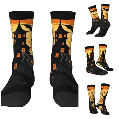 LZQPOEAS Black Tree Owl Pumpkin Head Castle Athletic Socks Unisex Cushioned Crew Socks Hiking Running Calf Sock Soft Above Ankle Sock