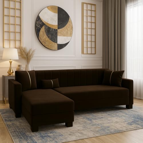 Image of SOCOZI Almeria 4 Seater LHS L Shape Sofa Set | Soft Velvet Suede Fabric | Modern Design | Plush Comfort Cushions for Living Room (Dark Brown)