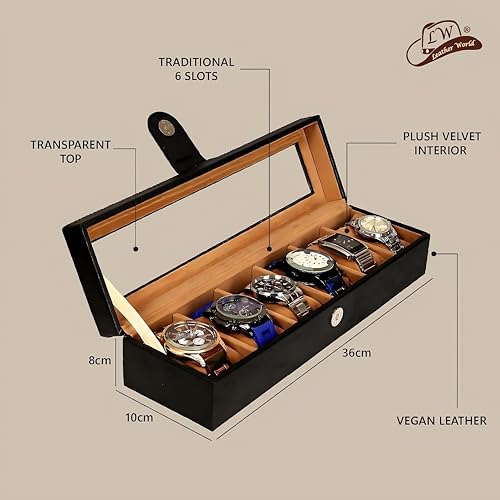 Leather World Watch Box Holder Organizer Case in 6 Slots of Watches for Men and Women with Transparent Display (Black) - Image 2