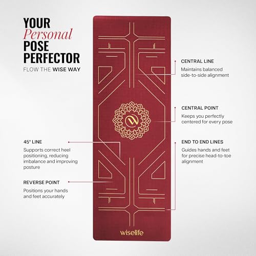 Image of Wiselife True Body Alignment Yoga Mat + Sleek Yoga Strap For Men And Women | Non-Slip Textured Extra Wide & Thick | Pro Balance Eco Tpe Exercise Mat For Home, Pilates, Gym & Fitness (6MM, Wine)