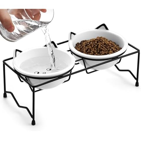Yedio Porcelain Elevated Cat Bowls Set, Raised Pet Food Water Bowls with Stand, Protect Pet's Spine, Porcelain Pet Bowl for Cat or Puppy, 12 oz, Dishwasher Safe Cover