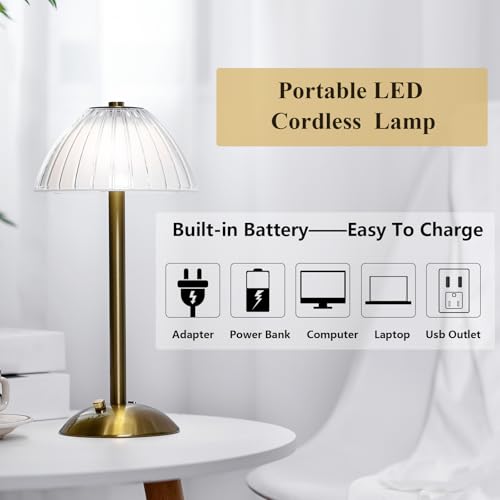 Image of Liliful 6 Pcs Cordless Table Lamp Rechargeable Touch LED Small Gold Portable Battery Operated USB-c Desk Lamp 3 Color Dimmable for Bedroom Living Room Dining (Gold,Mushroom Style)