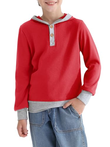 Haloumoning Boys Hoodies Long Sleeve Hooded Sweatshirt Button Patchwork Pullover Tops 4-14 Years