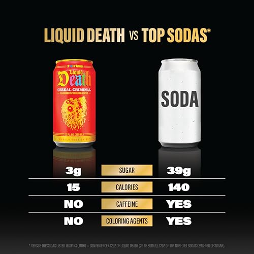 Image of Liquid Death Soda-Flavored Sparkling Water - Cereal Criminal (Fruity Pebbles, Cream), Less Sugar*, Huge Flavor, No Caffeine, No Artificial Sweeteners, 12 Fl Oz (Pack of 12)