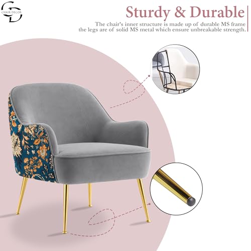 Image of Accent Chair with Ottoman | Modern Velvet Lounge Chair with Floral Designer Back | Upholstered Armchair for Living Room, Bedroom & Cafe | Golden Legs