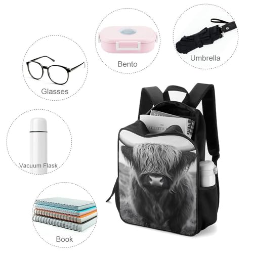 Black White Highland Cow Travel Backpack Casual Daypack Shoulder Bag with Adjustable Shoulder Straps for Hiking3
