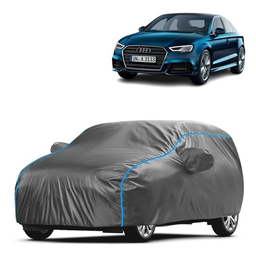 Image of Kerwa Car Body Cover Waterproof with A3, Dust & UV Resistant All-Weather Proof Full Body Cover, Grey with Blue Lining, Triple Stitched Elastic Bottom with Mirror Pocket