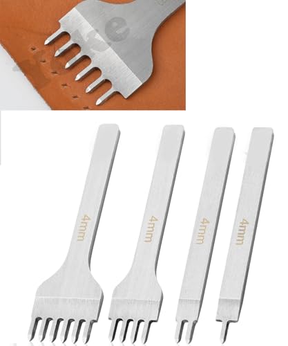 Image of Leather Stitching Punch 4 Pack 4mm | 1 /2 /4 /6 Prong Leather Stitch Punching Chisel Set | Diamond Tip Leatherfork Punch | Leathers Hole Punchs Tool for Sewing, DIY Craft, Wallet, Belt