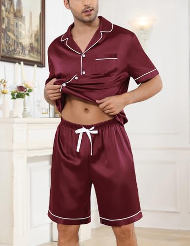 Image of Veseacky Mens Silk Satin Pajamas Set Short Sleeve Sleepwear Button-Down Pjs Sets Two-Pieces Loungewear with Pockets S-XXL