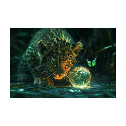 Toile léopard jungle et papillon fée affiche murale grand format sans cadre vert