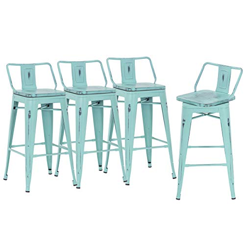 HAOBO Home Industrial Bar Stools Metal Barstools Counter Height Stools with Wooden Seat [Set of 4](24\", Low Back Swivel Distressed Green-Blue)