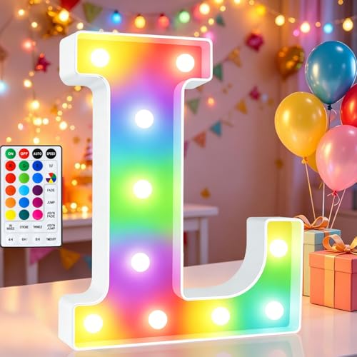 Image of LED Marquee Letter Lights, 18 Colors Changing Light Up Letters with Remote, RGB Alphabet Letters Sign for Girls Boys Gift Birthday Party Night Light Bedroom Wedding Christmas Decor-Colorful L