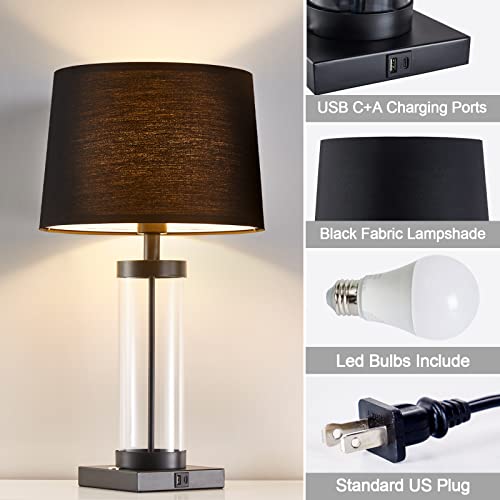 Glass Lamps For Bedrooms Set Of 2, 24'' Bedside Lamps With Usb A And C Ports And Outlet, 3 Way Dimmable Nightstand Lamps With Black Fabric Lampshade, Touch Table Lamp For Living Room Bedroom Office #TOP6