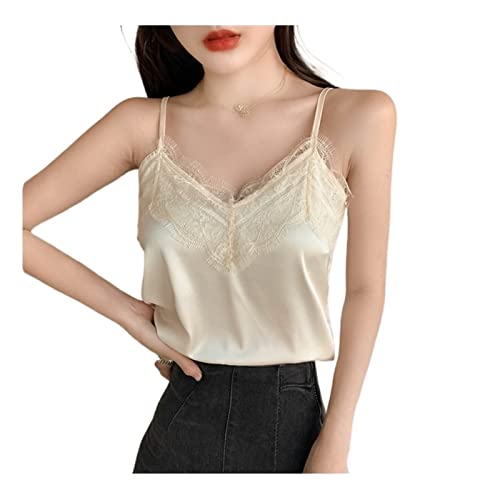 V Pesh Cetin Tank Top Women Slik Summer Lace Tops S-4xl (Color : Apricot, Size : 4XL)