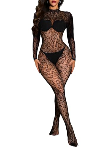 Buitifo Damen-Dessous Bodystrümpfe Leopardenmuster Fischnetz-Body Ganzkörper-Overall Rave-Outfits(Schwarzt 2,Einheitsgröße)