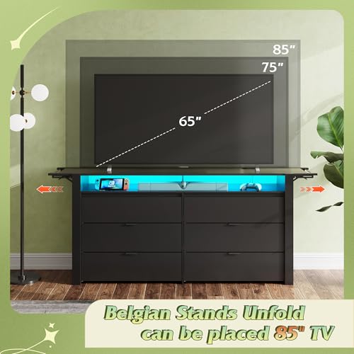 WLIVE 78 Inch Dresser for Bedroom, Large Chest of Drawers Expandable Black Wood Dresser from 5'3" to 6'5'' with Flexible Shelves and Hanging Rack, Led Dressers for Living Room (85'' TV)