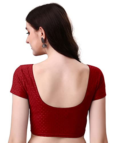 Image of Mogsa Women's Stretchable Dobby Cotton Lycra Saree Blouse | Readymade Stitched Blouse | Round Neck | Short Sleeve | Soft & Comfortable Ethnic Blouse for Saree Wear