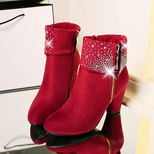 MIOKE Women's Chunky Block High Heel Ankle Boots Rhinestone Round Toe Suede Zipper Bootie Dress Short Boots4