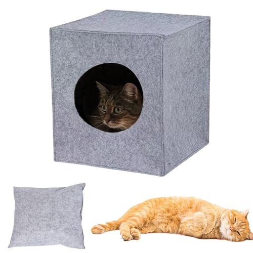 bangminda Katzenhöhle aus Filz mit Kissen Faltbare Kuschelhöhle für Katzen Katzenbox Regalhöhle Katzen Katzenhaus Filzhöhle für Katze kleine Hunde Katzenkorb, 33x37x33 cm (Hellgrau)