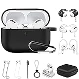 Airpods Pro Case, 12 in 1 Silicone Airpod Pro Accessories kit Set, Apple Airpods 3 Charging Case Cover Skin with Ear Hook/Earbuds Case/Watch Band Holder/Brush/Keychain/Eartips (Black)