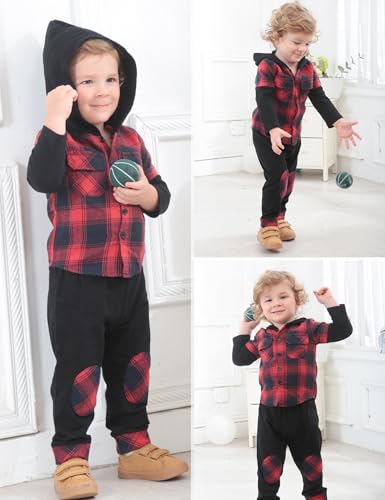 DONWEN Toddler Baby Boy Clothes Plaid Long Sleeve Patchwork Hoodie Top + Pants 2pcs Fall Winter Outfits Set4