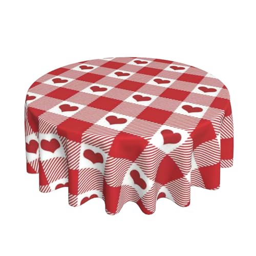 Valentines Tablecloth Round 70 Inch Red Love Heart Buffalo Plaid Table Cloth,Stain Resistance Checkered Anniversary Day Holiday Table Covers for Kitchen Dining,Small Tablecloth for Party Picnic