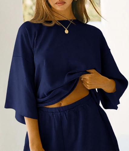 Image of Tankaneo Womens Pajama Sets 3 /4 Sleeve Oversized Tops & Loose Fit Shorts Lounge Set with Pockets Loungewear
