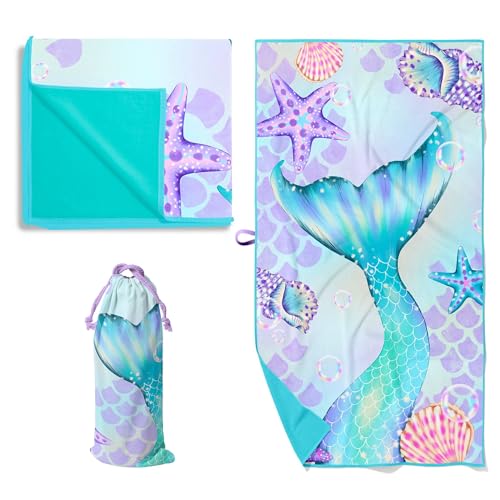 Pris+Sand MERMAID - AQUA Kids Beach Towel 30X60 Mermaid Pool Towels For Girls. Microfiber cover