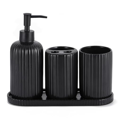 Black Bathroom Accessories Set, Ribbed Design, 4PC Ceramic Bathroom Sets Complete-Toothbrush Holders, Soap Dispenser, Vanity Tray, Toothbrush Cup, Stylish Black Bathroom Decor, Housewarming Gifts