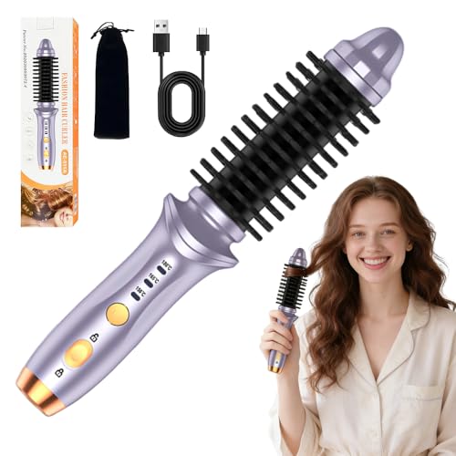 Cordless Hot Brush, 3 in 1 Cordless Curling Iron Brush, Hotbrush for Short Hair with 3 Temperature Settings, Heated Hairbrushes Rechargeable for Travel and All Types(Purple)