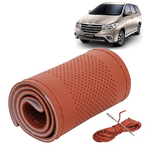 Image of KINGSWAY PU Leatherite Car Steering Cover Sewable Compatible with Toyota Innova (Year 2012-2015), Tan Color with Tan Thread, Pack of 1 with Sewing Needle and Thread