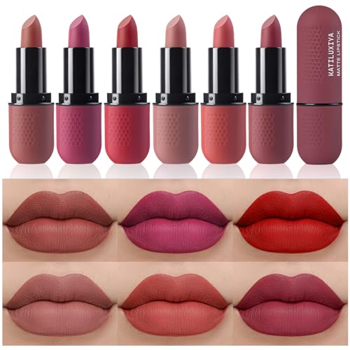 Katiluxiya 6Pcs Red Velvet Matte Lipstick Set, High Pigmented Long-Lasting Waterproof Lip Stick Lip,Moisturizing balms, Sheer tint, Shine & Glowy Finish,Stain Makeup Gift Sets. (02, Color)