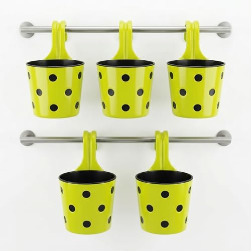 Image of Premium Hook Planter with Inner Pot | Polka Dot Hanging Planter for Balcony & Railings | Sturdy Plastic | Built-in Drainage | Vibrant Colours | Indoor & Outdoor Gardening (5, Green)