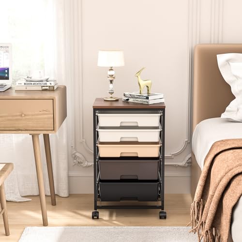 Image of SYKIARIOL Utility Cart with 5 Drawers,Storage Drawer Cart with Wooden Tabletop and Lockable Wheels,Craft Storage Trolley Cart,5-Tier Rolling Utility Cart on Wheels,Dark Brown