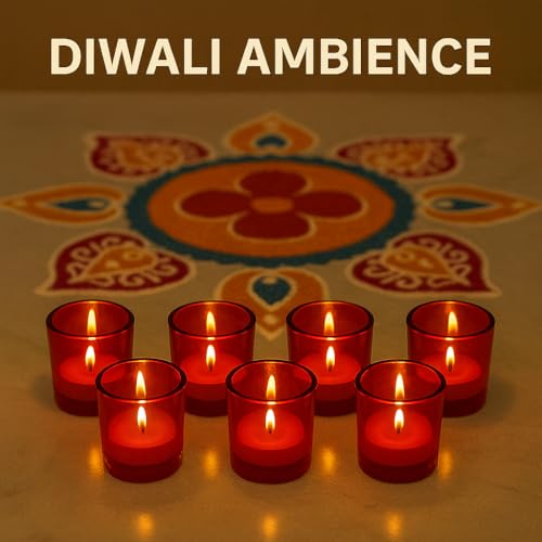 Image of Pure Source India Set of 12 Votive Glass Candle Holders with Tealight Candles | Decorative Diwali Lights for Home, Pooja & Festive Decor (Red)