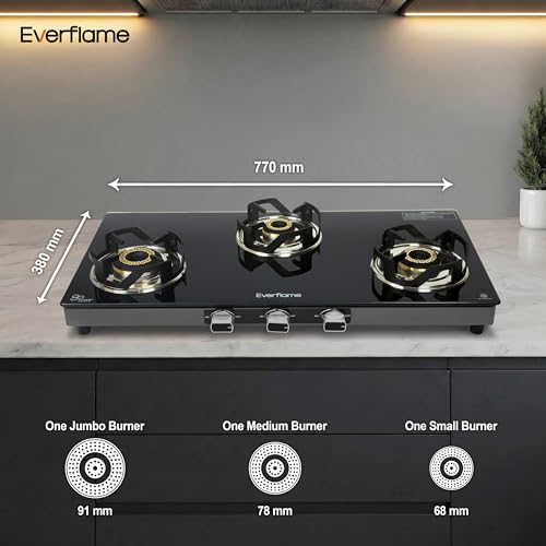 Image of Everflame Atlas 3 Burner Gas Stove | Extra Thick 8mm Toughened Glass Top | Euro-Coated Pan Support | LPG Ready & PNG Convertible | Manual Ignition | 2 Years Warranty + Doorstep Service