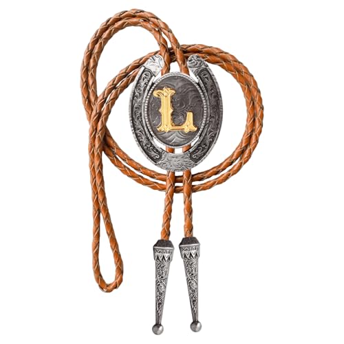 Image of Bolo tie for Men Western Cowboy Brown Leather Necktie Initial Letter ABCDJMR to Z Bolo ties for Women