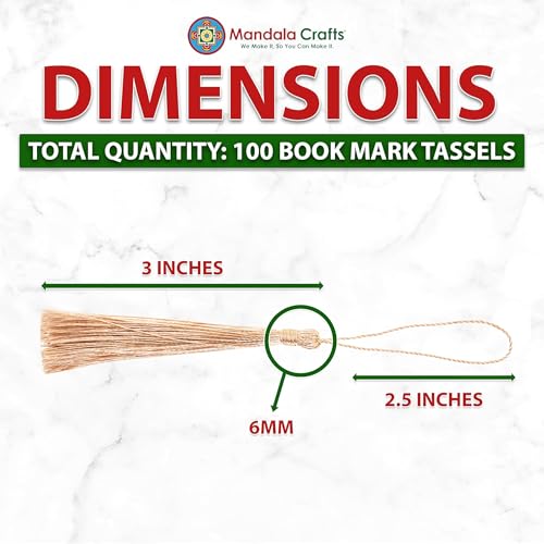 Image of Mandala Crafts Small Champagne Bookmark Tassels - 100 Bulk Silky Mini Craft Tassels with Loops for Bookmarks, Jewelry Making, Graduation Decorations, and Keychains