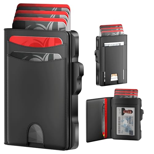 Wallet for Men Card Holder: Pop Up Card Case, Genuine Leather, Smart, RFID Blocking, Slim, Minimalist, Thin, Front Pocket, Gift Box - 10-14 Card Capacitiy, ID Window, Cash Pocket (Black)