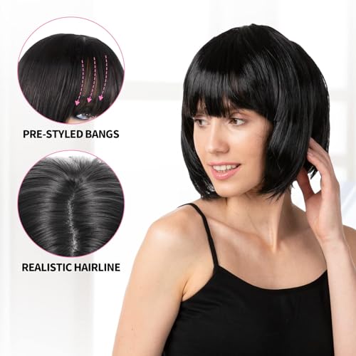 letcdfer Black Bob Wig with Bangs Short Human Hair New Natural Straight Wigs Flat Heat Resistant Synthetic 100% Density Color for Daily Party Cosplay 1 count - Image 4