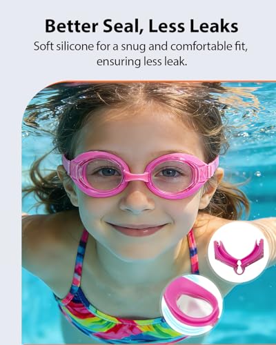 Pixel Panda 2 Pack Kids Swim Goggles with Fabric Strap for 3-8 Anti-Fog Anti-UV, No Leak No Hair Pulling Swimming Goggles Boys Girls Youth Toddlers Pool Water Protection(Purple and Rose Red) - image 4