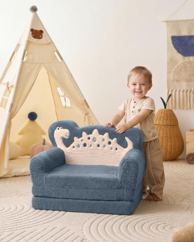 Image of Blissful Diary Kids Couch, 2-in-1 Soft Fold Out Kids Couch, Kids Sofa Chair, Comfy Kids Furniture for Playroom, Reading & Play, Blue Dinosaur | 50.8 inch Fold-Out Play Area, Supportive Foam, Washable Cover, Carry Handle, Pre-Assembled, Kid-Safe Zipper