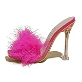 azmodo Women Feather Clear PVC Slippers Square Toe Stilettos Slides Transparent Crystal High Heels Sandals Mules Party Shoes Glass Heels (Pink, 7.5)