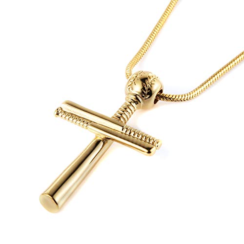 HZMAN Athletes Cross Necklace by Pendant Sports Stainless Steel Baseball and Baseball Bat Cross Necklace, Large and Small (Small Gold)