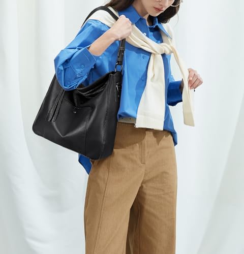 YALUXE Women's Genuine Leather Shoulder Bags Medium Size Handbags Purses with Front Magnetic Pocket, Detachable Dual Straps2