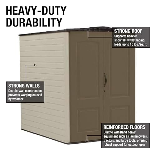 Image of Rubbermaid Large Vertical Resin Outdoor Storage Shed With Floor (5 x 6 Ft), Weather Resistant, Brown, Organization for Home /Backyard /Garden Tools /Lawn Mower /Bike Storage /Pool Supplies